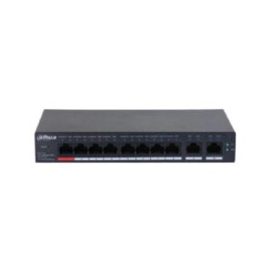 Switch Dahua de 10 puertos con 8 puertos PoE. Gestiona el consumo de energía PoE y el encendido/apagado de la alimentación PoE. Compatible con PoE inteligente. Amplio rango de temperatura de funcionamiento y carcasa metálica completamente cerrada y a prueba de polvo.